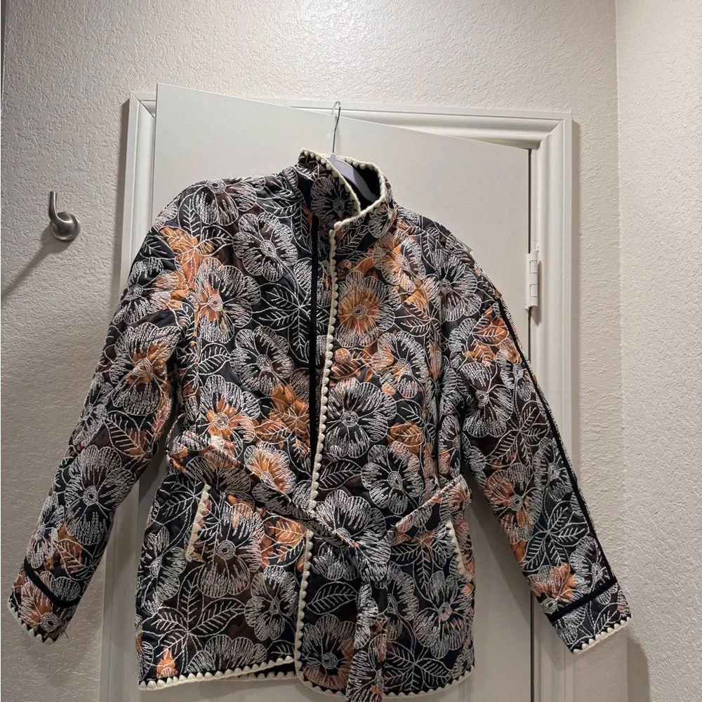 7 For All Mankind Floral Jacket - Black, White, and Orange - Picture 4 of 10